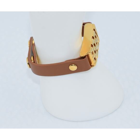 BALENCIAGA Brown Leather Band Gold Tone Locket Box Bracelet - Picture 4 of 9